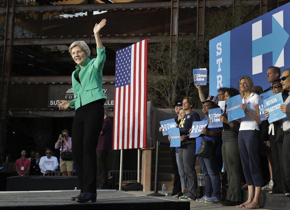 FILE - In this Oct. 4, 2016, file photo, Sen. Elizabeth Warren, D-Mass., speaks at a rally in Las Vegas. The rally was held to support then Democratic presidential candidate Hillary Clinton. Warren, who made her name as a consumer advocate in the wake of the 2008 financial crisis, will make her first appearance Sunday, Feb. 17, 2019, as a presidential candidate in Las Vegas, the boom-and-bust town that made Nevada the epicenter of the country's foreclosure crisis. (AP Photo/John Locher, File)