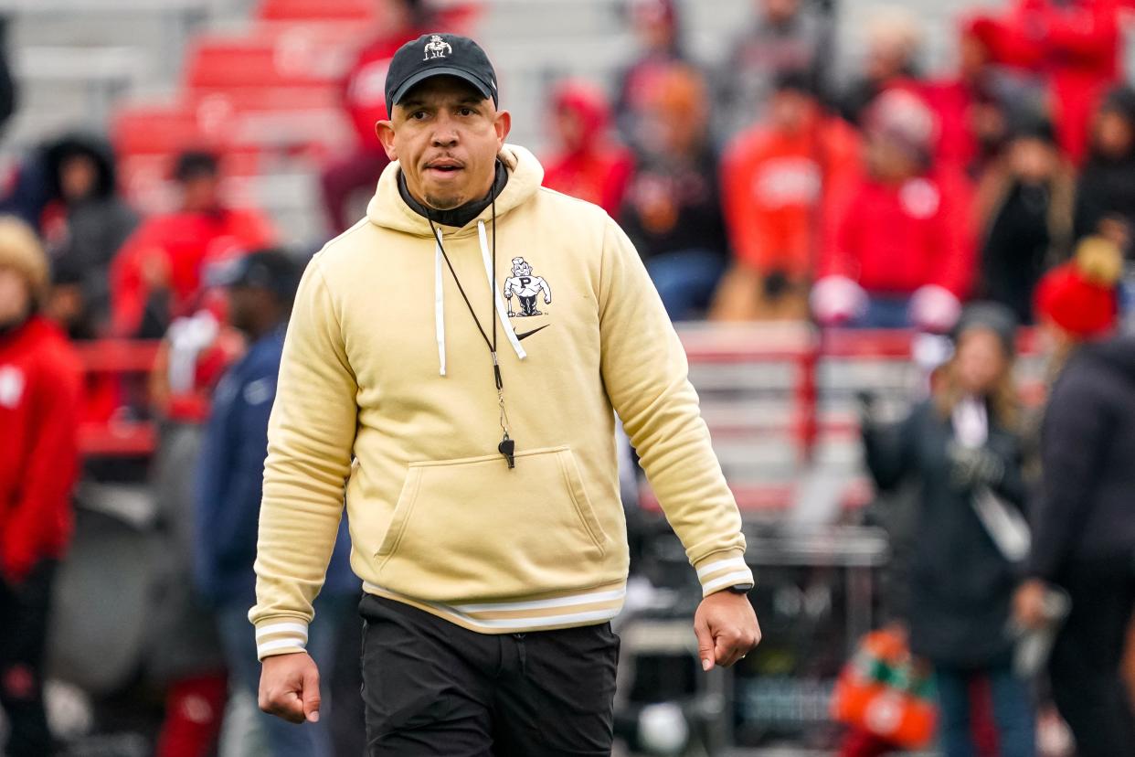 Oct 28, 2023; Lincoln, Nebraska, USA; Purdue Boilermakers head coach Ryan Walters looks on before a game against the Nebraska Cornhuskers at Memorial Stadium. Mandatory Credit: Dylan Widger-USA TODAY Sports