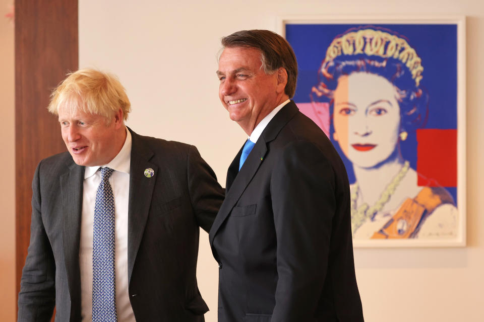 NEW YORK, NEW YORK - SEPTEMBER 20: British Prime Minister Boris Johnson and Brazil&#x002019;s president Jair Bolsonaro prepare to sit for a bilateral meeting at the UK diplomatic residence on September 20, 2021 in New York City. The British prime minister is one of more than 100 heads of state or government to attend the 76th session of the UN General Assembly in person, although the size of delegations are smaller due to the Covid-19 pandemic. (Photo by Michael M. Santiago-Pool/Getty Images)