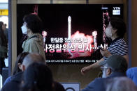 A news program broadcasts a file image of a rocket launch by North Korea, at the Seoul Railway Station in Seoul, South Korea, Tuesday, May 28, 2024. A rocket launched by North Korea to deploy the country's second spy satellite exploded shortly after liftoff Monday, state media reported, in a setback for leader Kim Jong Un's hopes to field satellites to monitor the U.S. and South Korea. The writing on the screen reads "A North Korea spy satellite launch failed on a day when the leaders of South Korea, Japan and China gather." (AP Photo/Ahn Young-joon)