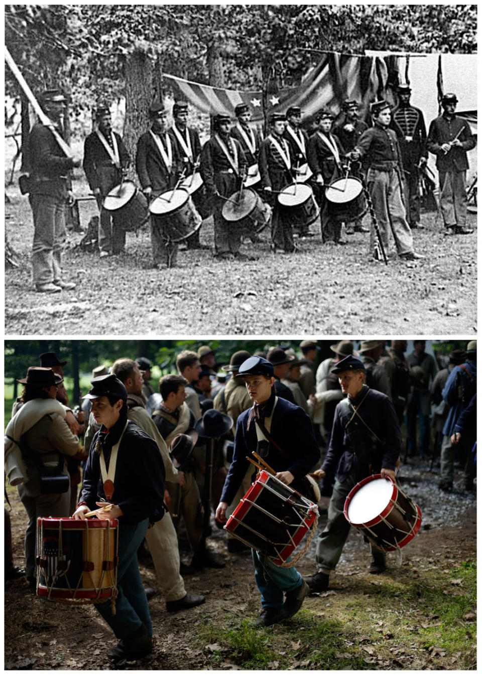 This combination image shows, top, a photo by Timothy H. O’Sullivan made available by the Library of Congress of the 93rd New York Infantry's drum corps taken between August 1863 and November 1863, and bottom, Union re-enactors marching by Confederates during ongoing activities commemorating the 150th anniversary of the Battle of Gettysburg, Friday, June 28, 2013, at Bushey Farm in Gettysburg, Pa. O'Sullivan was one of 23 men employed by American Civil War photographer Matthew Brady to document the war. (AP Photo)