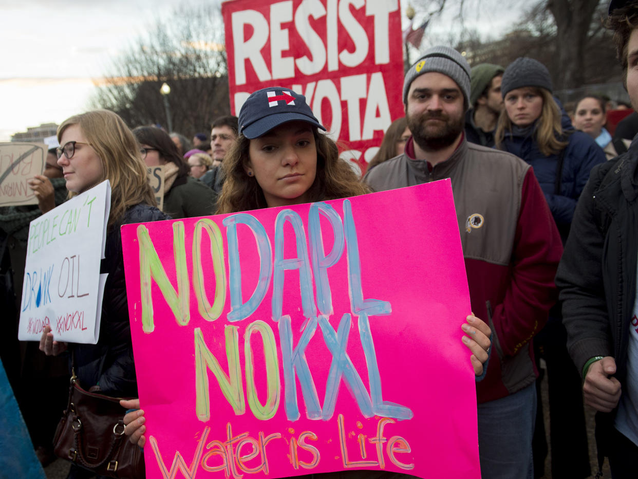 Opponents of the Keystone XL and Dakota Access pipelines hold a rally at Lafayette Park next to the White House in Washington, DC: Getty Images