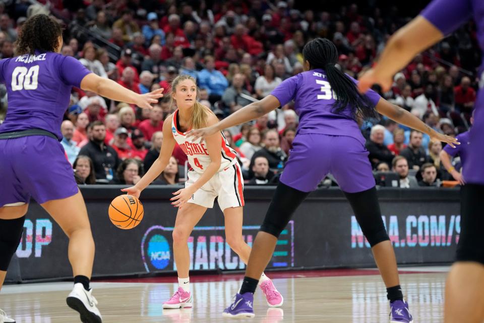 March 18, 2023; Columbus, Ohio, USA; The Ohio State women's basketball team took on James Madison at Value City Arena ahead in the first round of the NCAA tournament on Saturday. Mandatory Credit: Barbara J. Perenic/Columbus Dispatch
