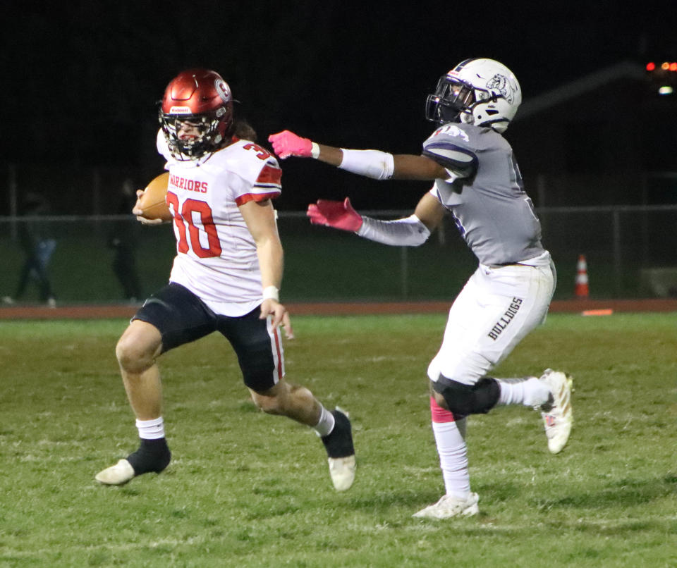 Susquehannock's Michael Fox drives the ball down the field at a football game at West York High School on Friday Oct. 21, 2022.