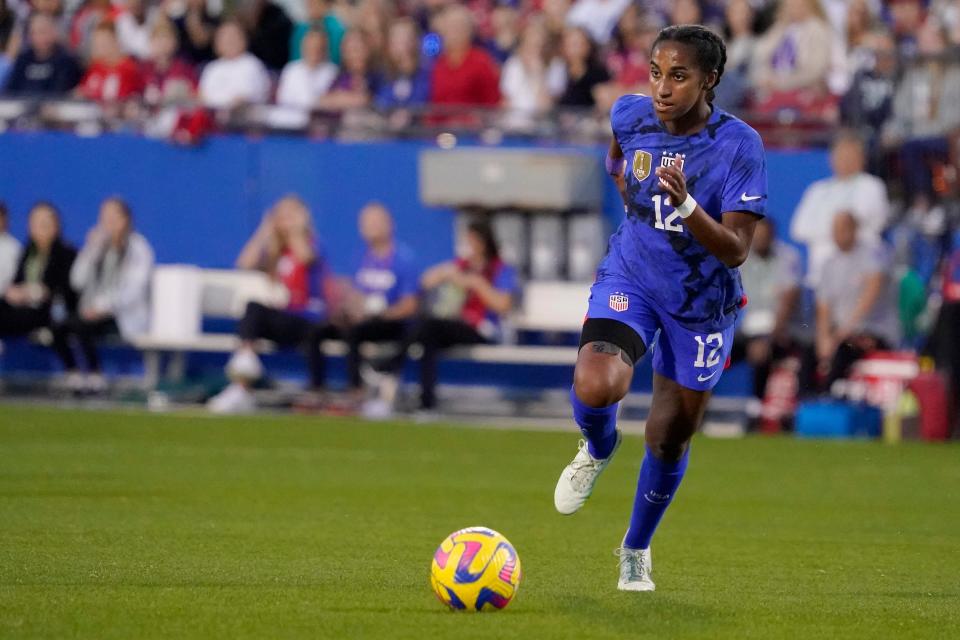 Naomi Girma controls the ball against Brazil during the first half in the 2023 SheBelieves Cup match at Toyota Stadium on February 22, 2023 in Frisco, Texas