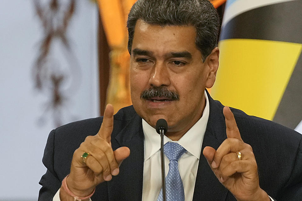 Venezuelan President Nicolas Maduro speaks during a meeting with Saint Lucia's Prime Minister Philip Joseph Pierre at the Miraflores presidential palace in Caracas, Venezuela, Friday, Oct. 6, 2023. (AP Photo/Matias Delacroix)