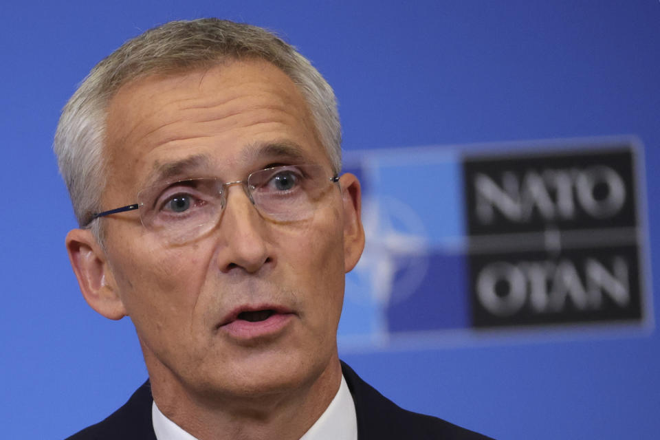 NATO Secretary General Jens Stoltenberg speaks during a media conference at NATO headquarters in Brussels, Friday, Sept. 30, 2022. (AP Photo/Olivier Matthys)