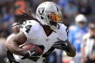 Oct 7, 2018; Carson, CA, USA; Oakland Raiders running back Marshawn Lynch (24) runs against the Los Angeles Chargers during the first quarter at StubHub Center. Mandatory Credit: Jake Roth-USA TODAY Sports