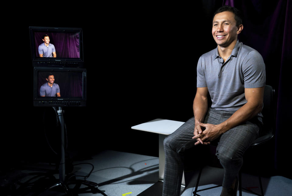 Boxer Gennadiy Golovkin, of Kazakhstan, speaks during an interview with The Associated Press, Tuesday, June 28, 2022, in New York. Golovkin and Canelo Álvarez, of Mexico, will meet for a third time on Sept. 17, 2022, in Las Vegas. (AP Photo/Julia Nikhinson)