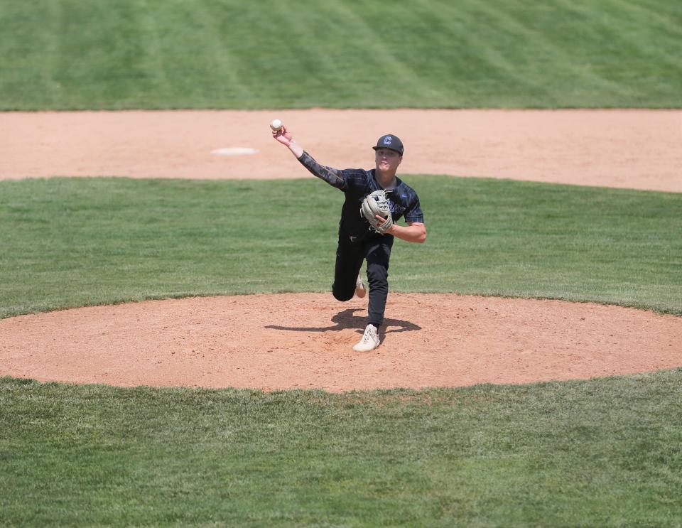 Centerville junior Jacob Crowe throws a pitch during a Wayne County Tournament game May 14, 2022.