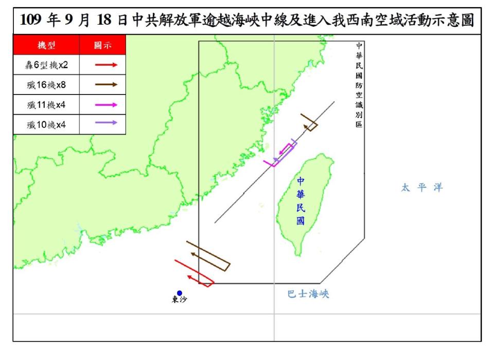 針對18架共機昨天上午擾台，軍方人士透露，12架從北面來犯共機全數越過海峽中線，研判是有計畫性、針對性、實戰化演練，目的是恫嚇台灣；國防部長嚴德發、參謀總長黃曙光等，均第一時間進衡山指揮所坐鎮。中共解放軍逾越海峽中線及進入我西南空域活動示意圖。（國防部提供）