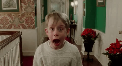 Macaulay Culkin expressing shock in a scene from the movie "Home Alone"