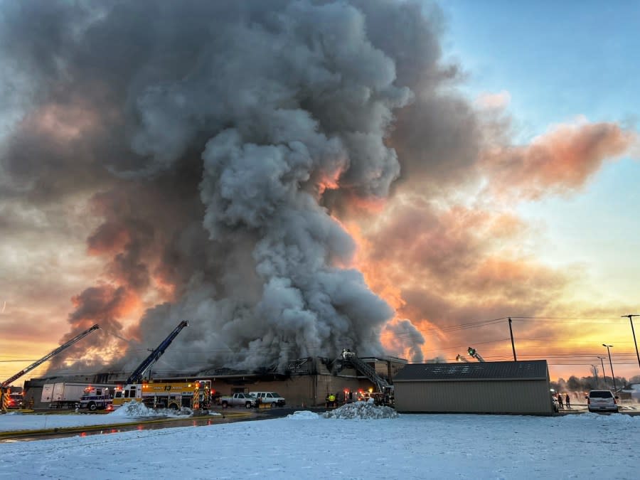 Smoke billows from the Martin’s Country Market in Ephrata Township, Lancaster County on Thursday, February 15, 2024.