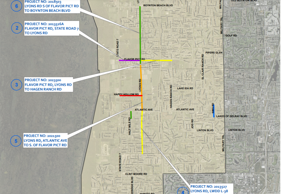 Map shows the extensive improvements planned for Lyons Road between Boynton Beach Boulevard and Clint Moore Road. The congested parts of the roadway that are currently two lanes are being widened to four lanes to accommodate massive development along Lyons Road.