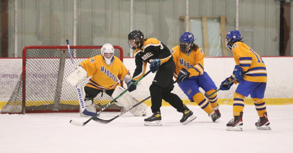 Cortlandt's Colin Cody (3) gets off a backhand shot during their 10-4 win over Mahopac in ice hockey action at Brewster Ice Arena in Brewster on Saturday, December 4, 2021.