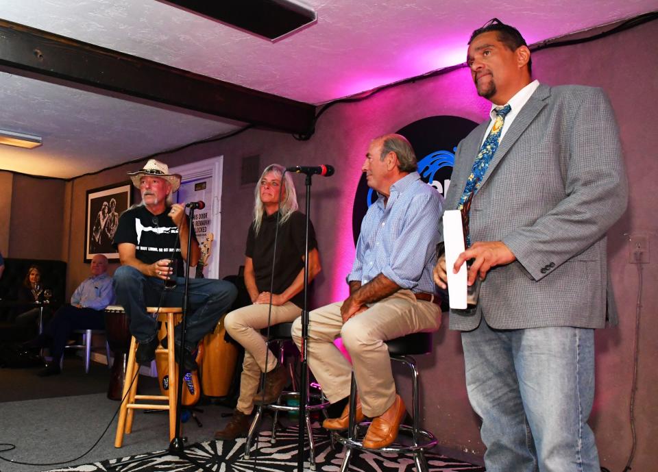 FLORIDA TODAY hosted an open and informal discussion of "Murder on the Space Coast", with a panel of guests. Left to right are Wilton Dedge, who served 22 years in prison for a rape he did not commit; Michelle Martin, adopted daughter and rape victim of notorious murderer and jailhouse snitch Clarence Zacke; and J.R. Russo, a former public defender for Brevard County. They joined reporter John Torres onstage at Open Mike's in Melbourne.