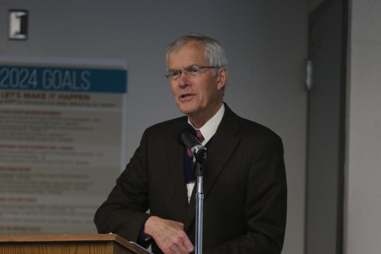 Former-U.S. Sen. Jeff Bingaman (D-NM) speaks during an event celebrating the 25th anniversary of the Waste Isolation Pilot Plant's first shipment of nuclear waste for disposal March 26, 2024 at the WIPP site in southeast New Mexico.