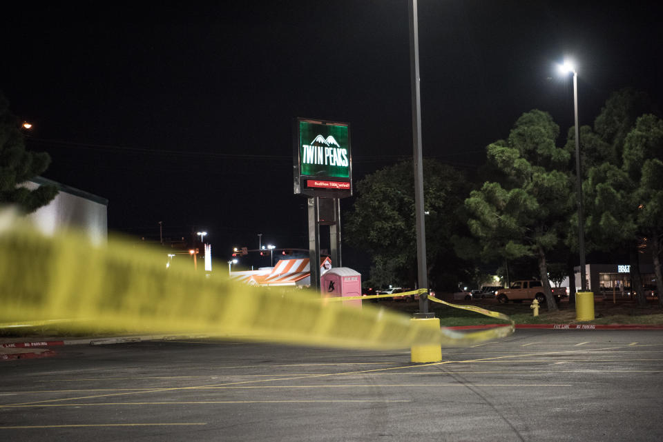 ODESSA, TEXAS - AUGUST 31: Police tape marks the scene outside a Twin Peaks restaurant after multiple people were shot on August 31, 2019 in Odessa, Texas. Officials say an unidentified suspect was shot and killed after killing 5 people and injuring 21 in Odessa and nearby Midland. (Photo by Cengiz Yar/Getty Images)