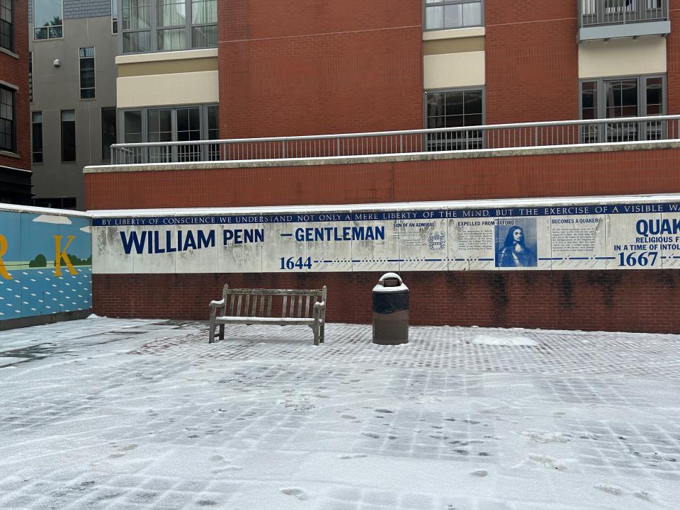 Signage honoring William Penn at Welcome Park in Philadelphia shows its age. The park was completed in 1982. Some Native American tribes would like to see better representation of their ties to the park, as well as commemorations of William Penn.