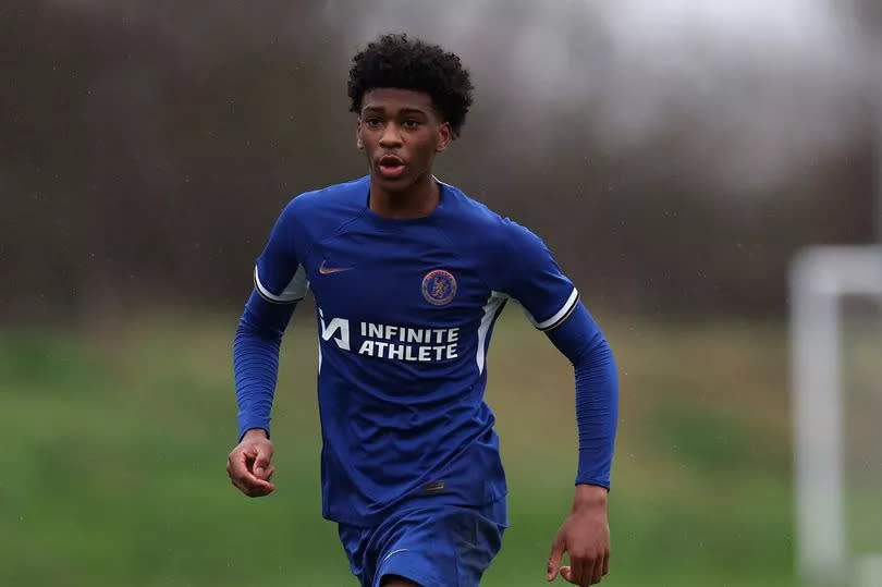 Josh-Kofi Acheampong of Chelsea during the U18 Premier League match between West Ham United U18 and Chelsea U18 at Little Heath on February 13, 2024