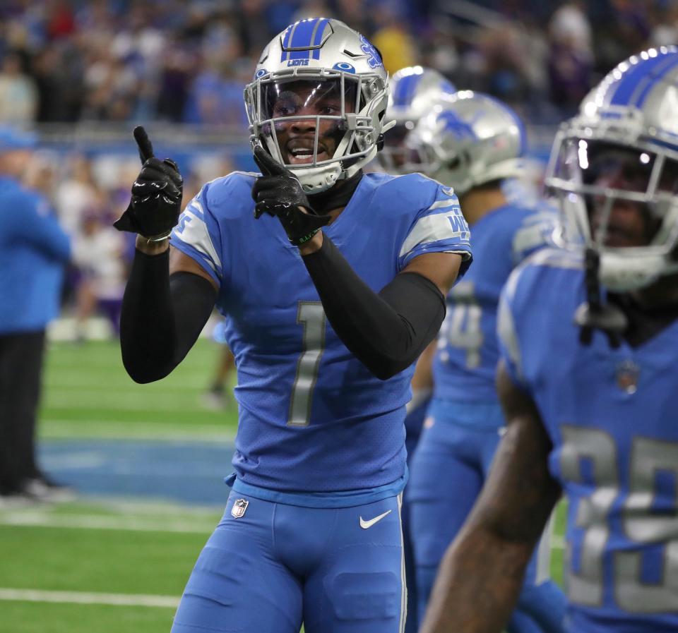 Detroit Lions cornerback Jeff Okudah (1) warms up before action against the Minnesota Vikings on Sunday, Dec. 11, 2022 at Ford Field.