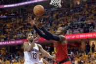 May 4, 2016; Cleveland, OH, USA; Atlanta Hawks forward Paul Millsap (4) and Cleveland Cavaliers center Tristan Thompson (13) go for a rebound during the second quarter in game two of the second round of the NBA Playoffs at Quicken Loans Arena. Mandatory Credit: Ken Blaze-USA TODAY Sports