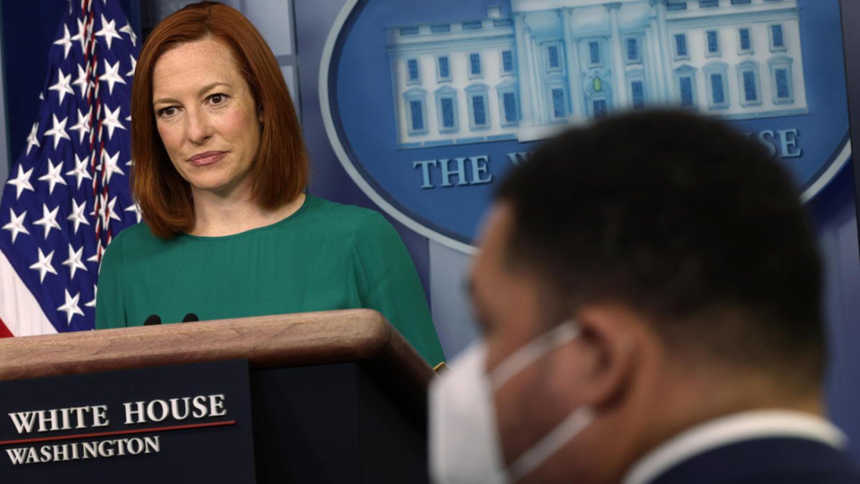 White House Press Secretary Jen Psaki listens during a daily press briefing at the James Brady Press Briefing Room of the White House on April 6, 2021 in Washington, DC. (Alex Wong/Getty Images)