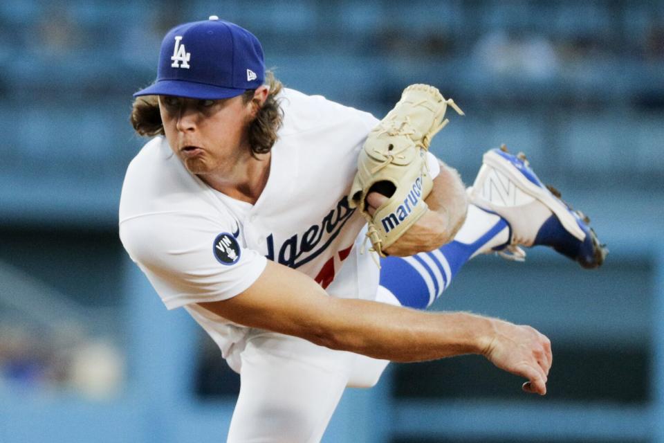 Dodgers starting pitcher Ryan Pepiot delivers a pitch.