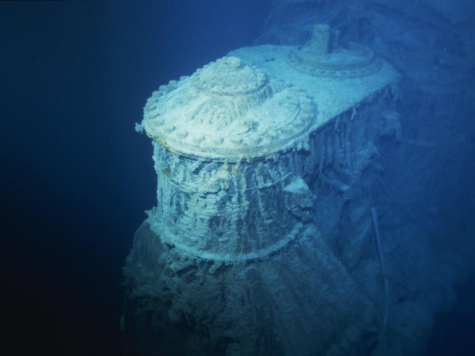 An underwater photo of a well-preserved part of the Titanic wreckage.