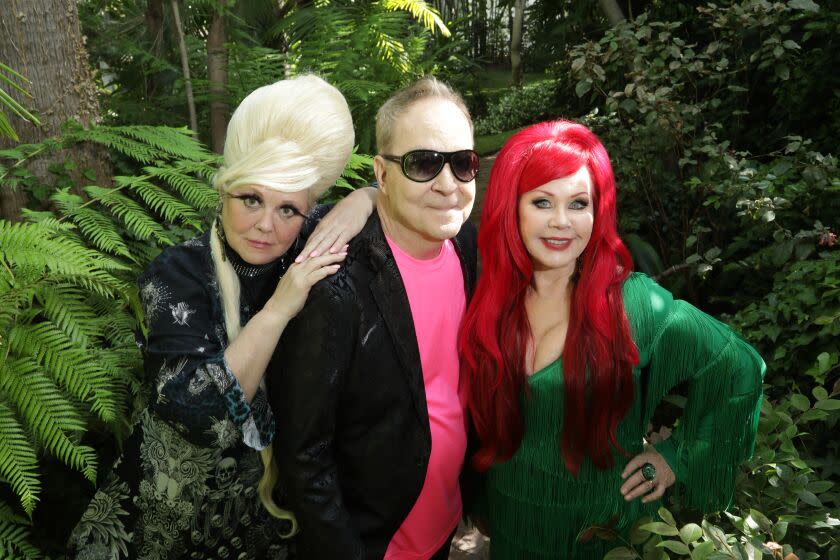 WEST HOLLYWOOD, CA - APRIL 27: Cindy Wilson, Fred Schneider and Kate Pierson of "The B-52s" will retire after touring this year. The band formed in Athens, Georgia, in 1976. Photographed at the Sunset Marquis Hotel on Wednesday, April 27, 2022 in West Hollywood, CA. (Myung J. Chun / Los Angeles Times)