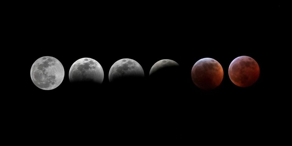 The progression of the super blood moon lunar eclipse at Shell Point Beach, Sunday, Jan. 20, 2019.
