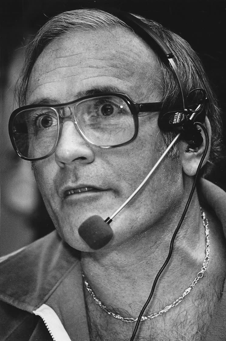 FILE - In this 1984 file photo, White Sox announcer Jim Piersall looks on at Comiskey Park in Chicago. Former major leaguer Piersall, who bared his soul about his struggles with mental illness in his book “Fear Strikes Out,” has died. He was 87. (Daily Herald via AP, File)