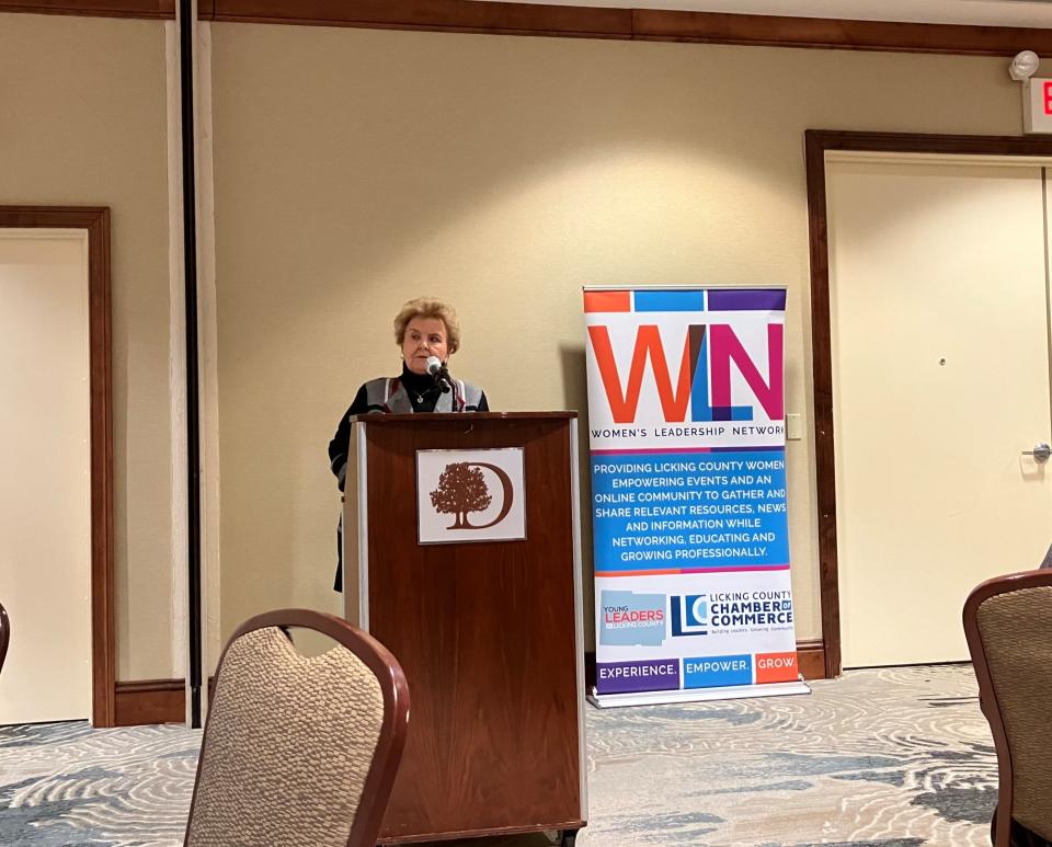 Former Ohio Attorney General Betty Montgomery speaks Friday to the Women's Leadership Network of Licking County, a Chamber of Commerce organization, at the DoubleTree by Hilton hotel in downtown Newark.