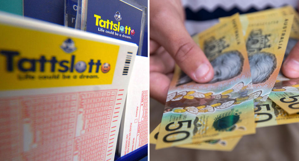 Left, TattsLotto tickets on shelf. Right, Australian money in hand after winning large lottery prize. 