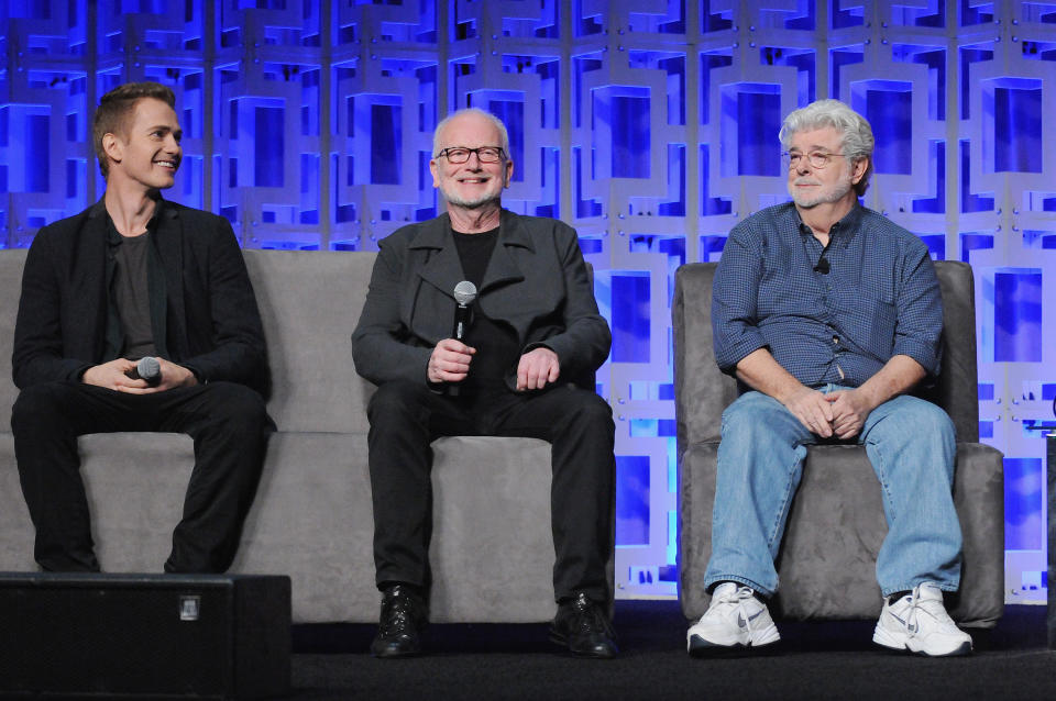 ORLANDO, FL - APRIL 13:  Hayden Christensen, Ian McDiarmid and George Lucas attend the 40 Years of Star Wars panel during the 2017 Star Wars Celebration at Orange County Convention Center on April 13, 2017 in Orlando, Florida.  (Photo by Gerardo Mora/Getty Images for Disney)