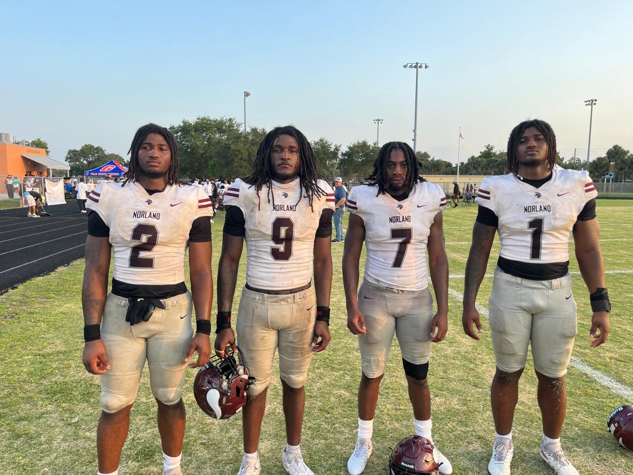 Miami Norland defensive linemen (from left) Mandrell Desir, Adrian Farrow, Michael Smith and Darryll Desir were dominant in the spring jamboree at Palm Beach Gardens on Friday.