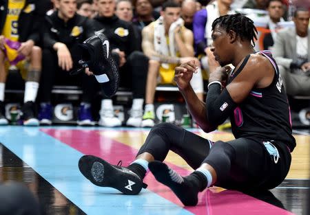 Nov 18, 2018; Miami, FL, USA; Miami Heat guard Josh Richardson (0) tosses his shoe after driving to the basket against the Los Angeles Lakers during the second half at American Airlines Arena. Mandatory Credit: Steve Mitchell-USA TODAY Sports