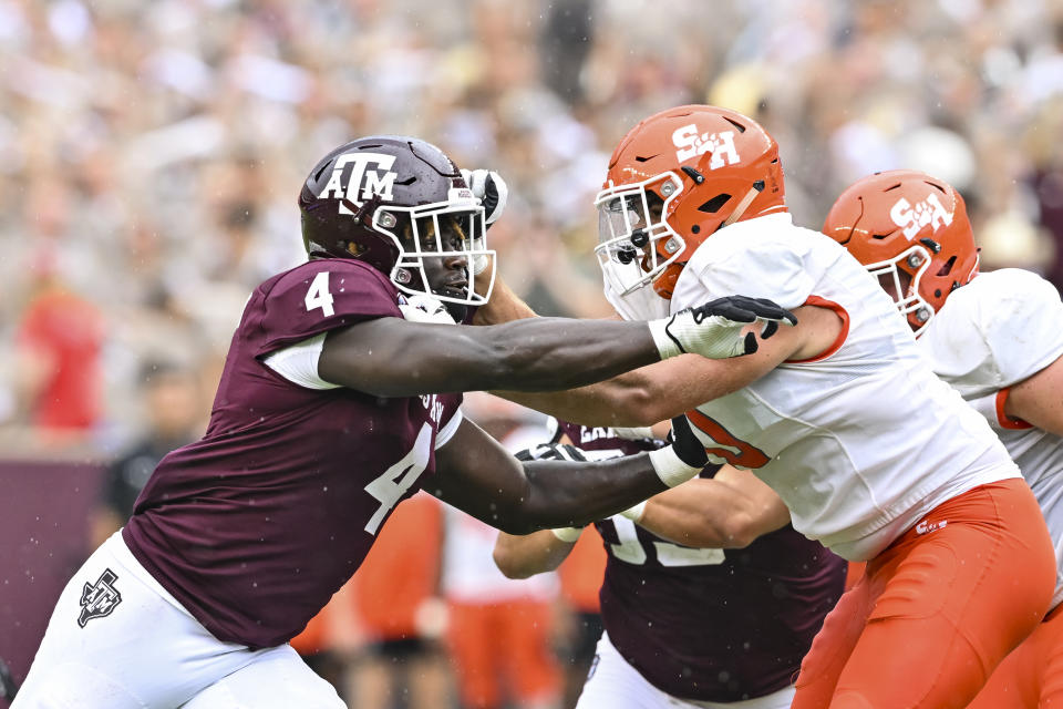 Sep 3, 2022; College Station, Texas; Texas A&M Aggies defensive lineman Shemar Stewart (4) and Sam Houston State Bearkats offensive lineman Jordan Boatman (70) in action during the fourth quarter at Kyle Field. Maria Lysaker-USA TODAY Sports