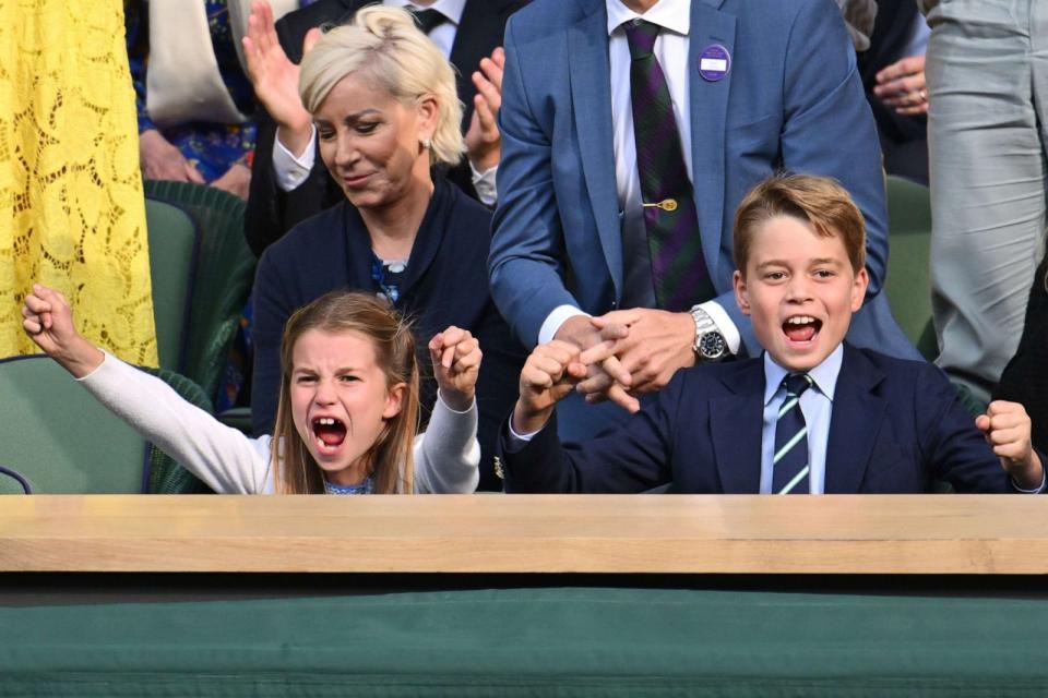 PHOTO: Princess Charlotte of Wales and Prince George of Wales celebrate during Carlos Alcaraz vs Novak Djokovic in the Wimbledon 2023 men's final on Centre Court during day fourteen of the Wimbledon Tennis Championships, July 16, 2023, in London. (Karwai Tang/WireImage/Getty Images)
