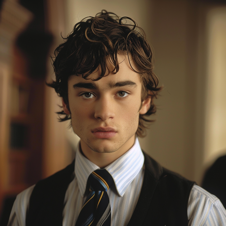 Person with curly hair wearing a striped tie and a black blazer with pinstripes