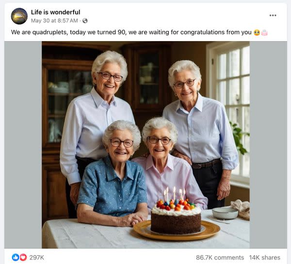 A Facebook post claimed to display a photo of four elderly women who are quadruplets celebrating their 90th birthday with a cake.