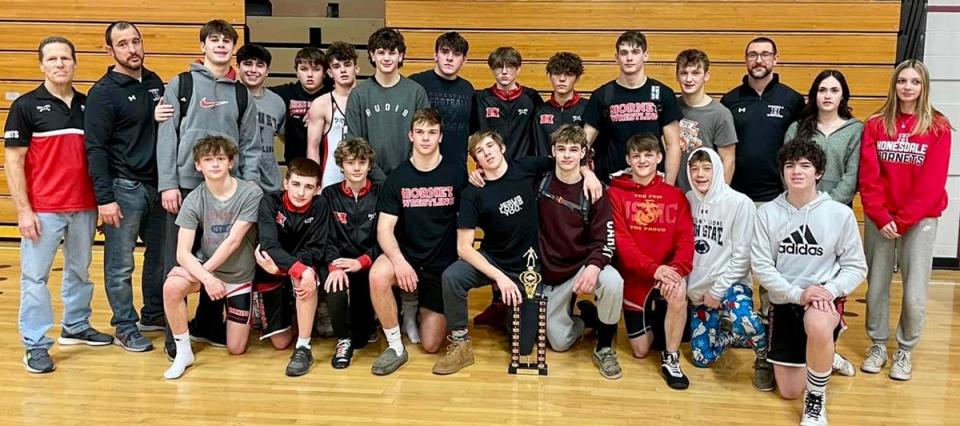 Honesdale High School's varsity wrestling team has once again advanced to the District 2 Duals championship match. The Hornets punched their ticket to the Class AA finals via a pair of dominant victories over Western Wayne and Berwick. Coach Ryan Chulada's squad now faces a much-anticipated rematch with Lackawanna Trail in the gold medal match.