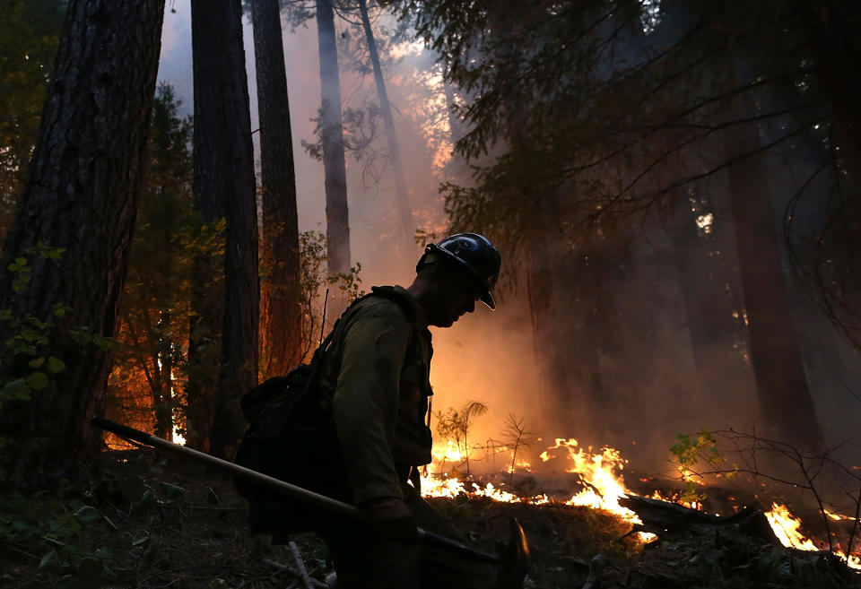 GROVELAND, CA - AUGUST 22:  A firefighter from the Colorado based Long Canyon Fire Department monitors a back fire while battling the Rim Fire on August 22, 2013 in Groveland, California. The Rim Fire continues to burn out of control and threatens 2,500 homes outside of Yosemite National Park. Over 1,000 firefighters are battling the blaze that was reduced to only 2 percent containment after it nearly tripled in size overnight.  (Photo by Justin Sullivan/Getty Images)
