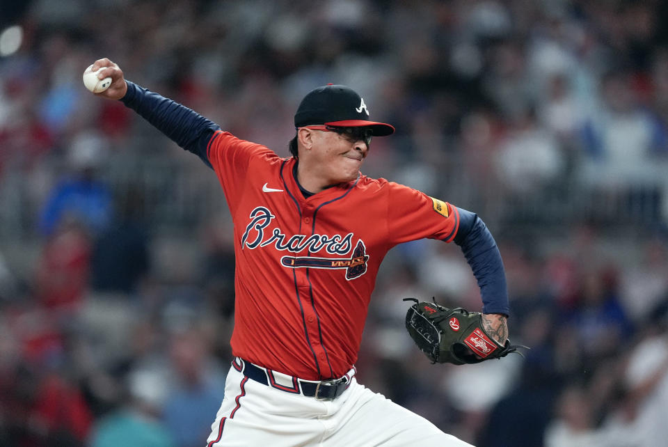 Atlanta Braves relief pitcher Jesse Chavez works the seventh inning of a baseball game against the Pittsburgh Pirates Friday, June 28, 2024, in Atlanta. (AP Photo/John Bazemore)