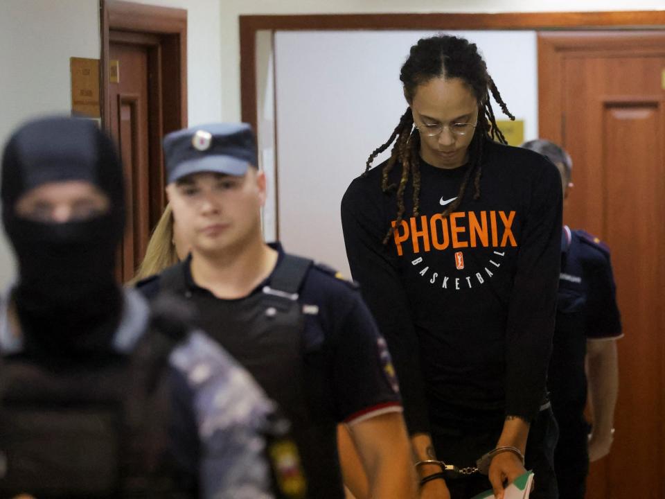 Brittney Griner enters the courtroom to testify during her Russian trial for drug smuggling.