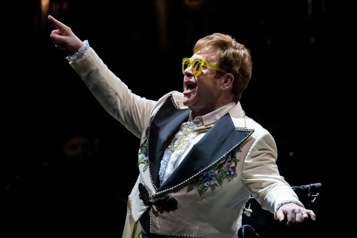 Elton John performs on his "Farewell Yellow Brick Road Tour" on Jan. 30, 2021, at the Paycom Center in Oklahoma City.
