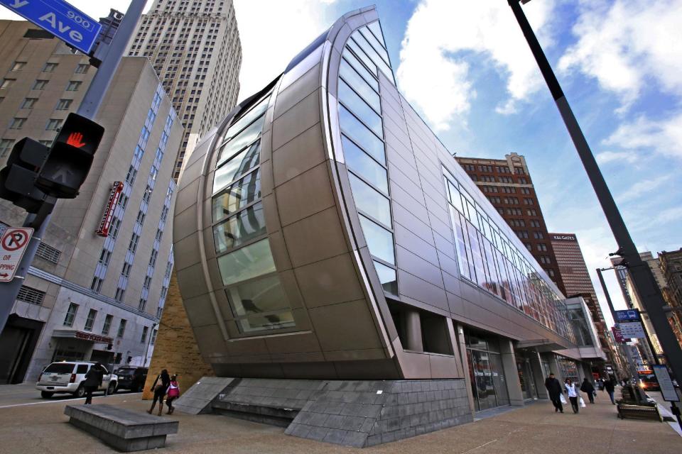 FILE - This Jan. 13, 2017, file photo, shows the August Wilson Center for African Amercian Culture in downtown Pittsburgh built to honor Pittsburgh born playwright August Wilson. (AP Photo/Gene J. Puskar, File)