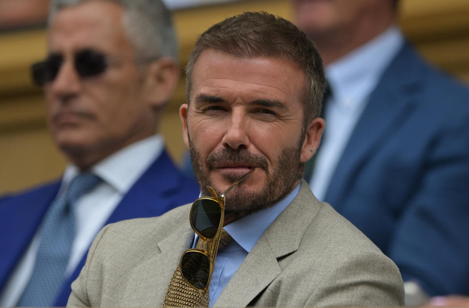 David Beckham watches Carlos Alcaraz of Spain abd Mark Lajal of Estonia during their Gentlemen's Singles first round match on day one of The Championships Wimbledon 2024 at All England Lawn Tennis and Croquet Club on July 01, 2024 in London, England. (Photo by Visionhaus/Getty Images)