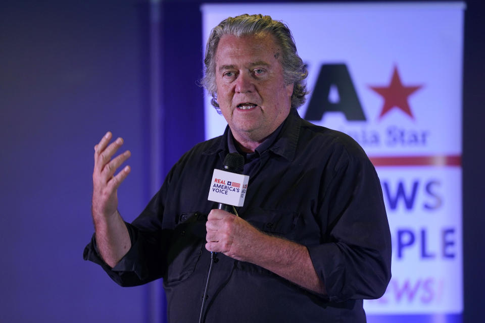 Political strategist Steve Bannon gestures during a speech during an election rally in Richmond, Va., Wednesday, Oct. 13, 2021. / Credit: Steve Helber / AP