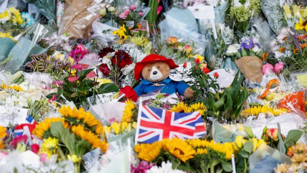 PHOTO: A Paddington Bear toy is placed among floral tributes at the Sandringham Estate, following the death of Britain's Queen Elizabeth, in eastern England, Sept. 13, 2022. (Peter Cziborra/Reuters)